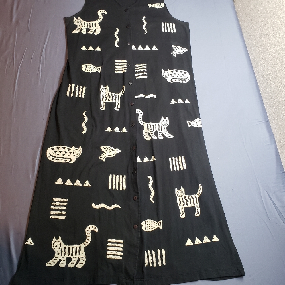 Cotton Fields by M Mac Tank Dress Size XL Animal Print Cat Fish Bird Black White
